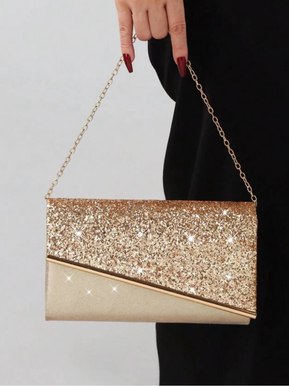 Gold Glitter Chain Clutch - Women's Evening Bag